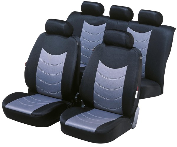 Komplett Set Universal Stretch Polyester Auto Sitzbezüge silber 8-teilig, 30 Grad waschbar, Rücksitzbankbezug 6-teilig