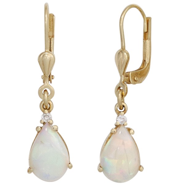 Gold Opal Ohrringe, Ohrhänger Tropfen 585er Gelbgold, 2 Opale, 2 Diamanten, Gewicht ca. 2,8 Gramm