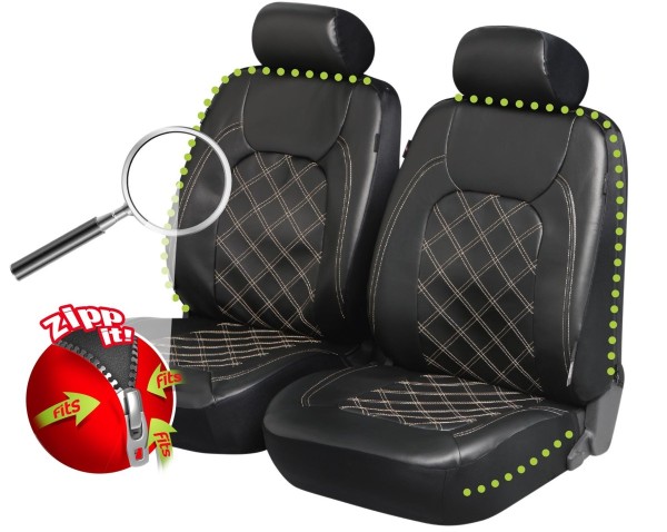 Zipp IT edle Universal Soft Kunstleder Auto Reißverschluss Vordersitz Sitzbezüge schwarz waschbar, 4-teilig