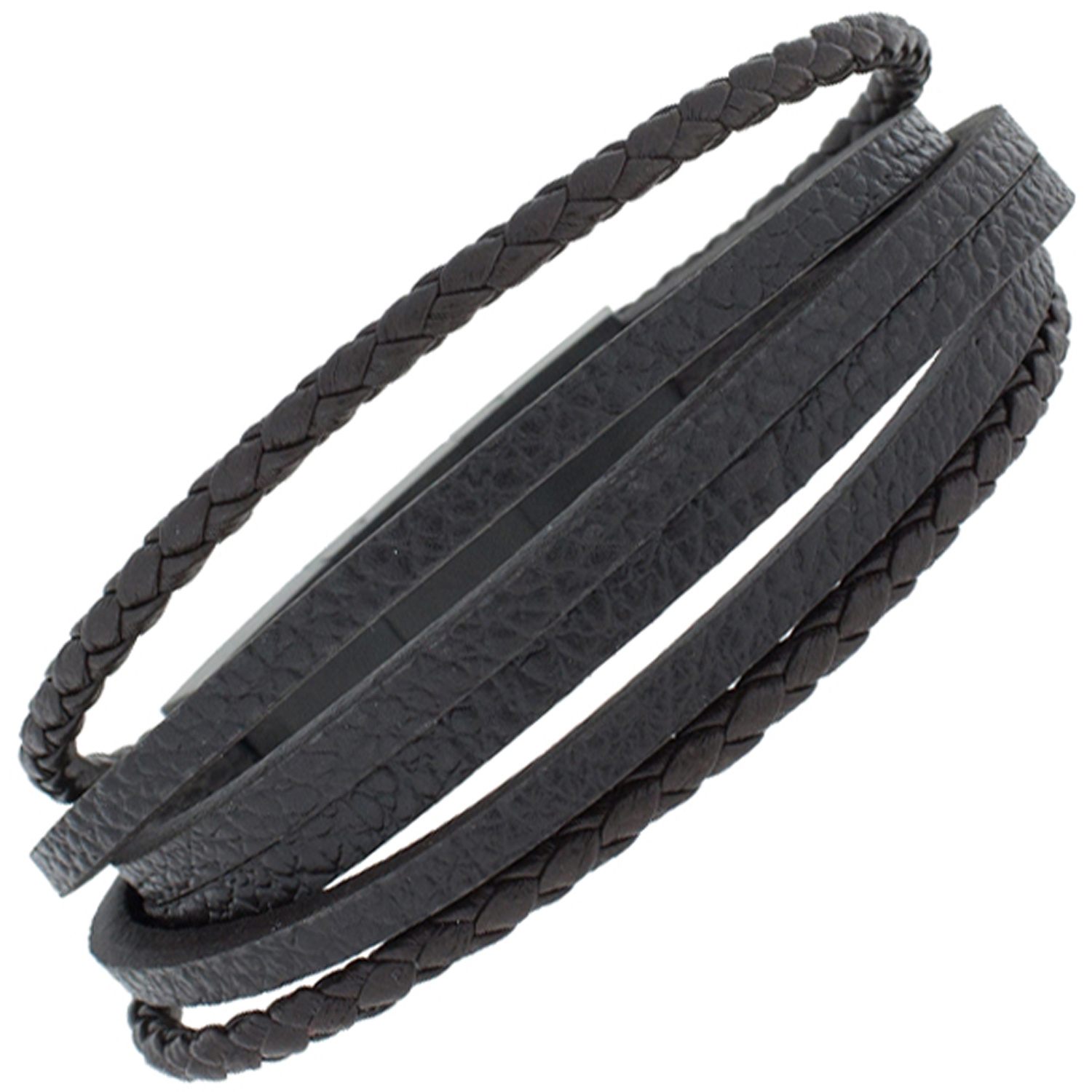 Leder Edelstahl Armband schwarz breit 22 cm 24 mm, 6-reihig, 6 Reihen,  geflochtenes Leder