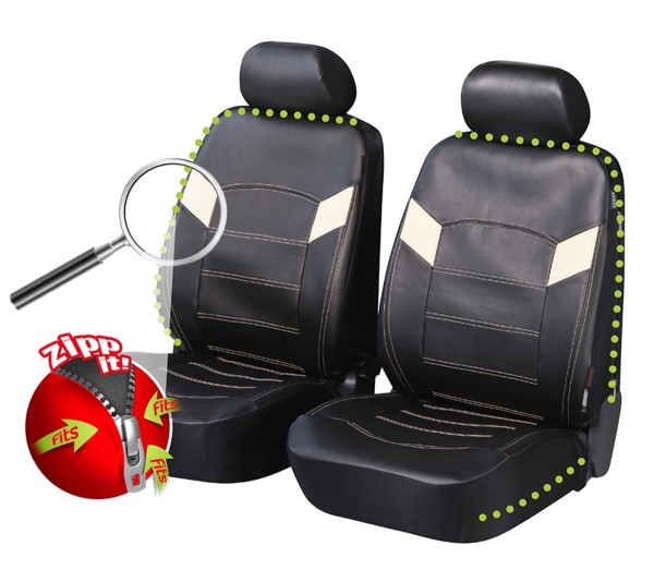 2 Stück Universal ZIPP IT Auto Sitzbezüge aus Kunstleder schwarz für Vordersitze, mit Reissverschluss System