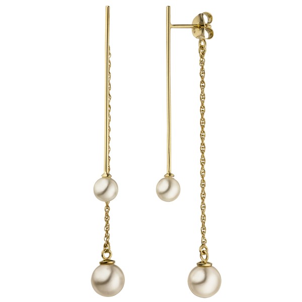 Perlenohrhänger 64 mm, Perlen Ohrringe 925er Silber Gold vergoldet, 4 Perlen, 2,6 Gramm