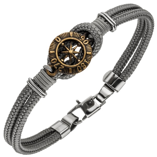 Stoff Armband 21 cm mit Kompass 2-reihig grau Baumwolle, Edelstahl Armband