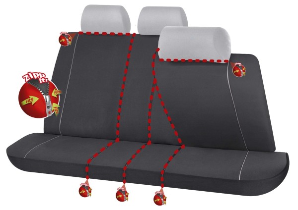 Serie Modulo ZIPP IT Polyester Autositzbezug Rücksitzbankbezug 8-teilig schwarz mit Reißverschluss