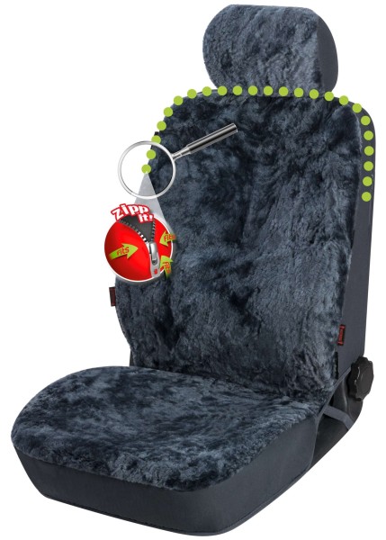 kuschelige Universal Reißverschluss Autositzfelle + Kopfstützenbezug anthrazit, ZIPP IT System, echtes Lammfell, Sommer + Winter