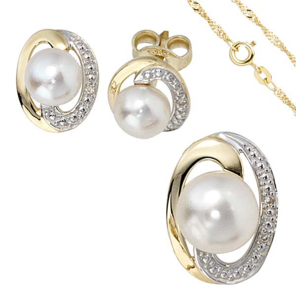 Damen Perlen Gold Schmuckset 585er Gold bicolor, Perlen+Diamanten, Anhänger+Ohrstecker+Kette 45 cm