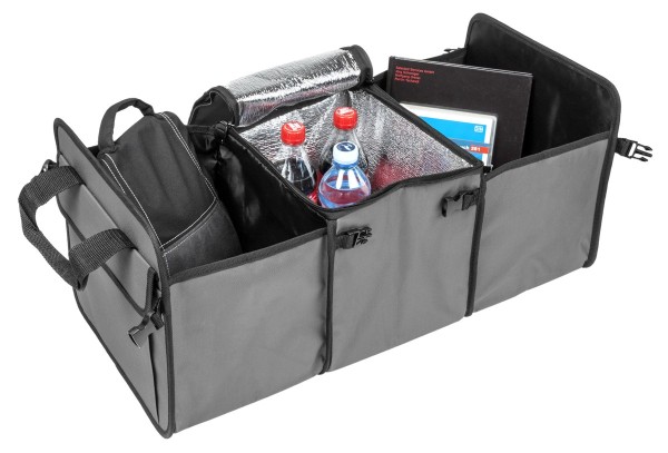 praktischer Polyester Kofferraum Organizer, Kofferraum Box mit Kühlfach anthrazit, 3 Fächer, faltbar, 60x30x18 cm