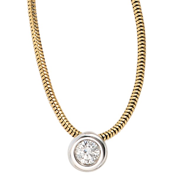 Solitär Diamant Halskette 6,6 mm, Collierkette 42 cm+Anhänger 585er Gold bicolor, 4,7 Gramm