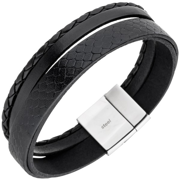Leder Herren Armband schwarz 21 cm, 4-reihig, geflochten, Edelstahl Magnetverschluss