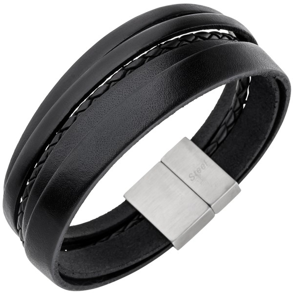Leder Herren Armband schwarz 21 cm, 5-reihig, Edelstahl Magnetverschluss