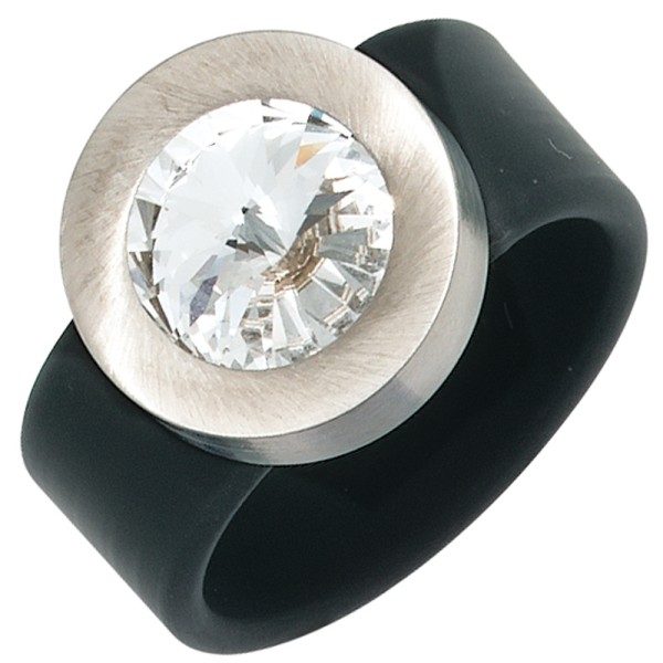 Damen Swarovski Edelstahl Ring, schwarzes PVC + Edelstahl mattiert, 1 Swarovski Elements