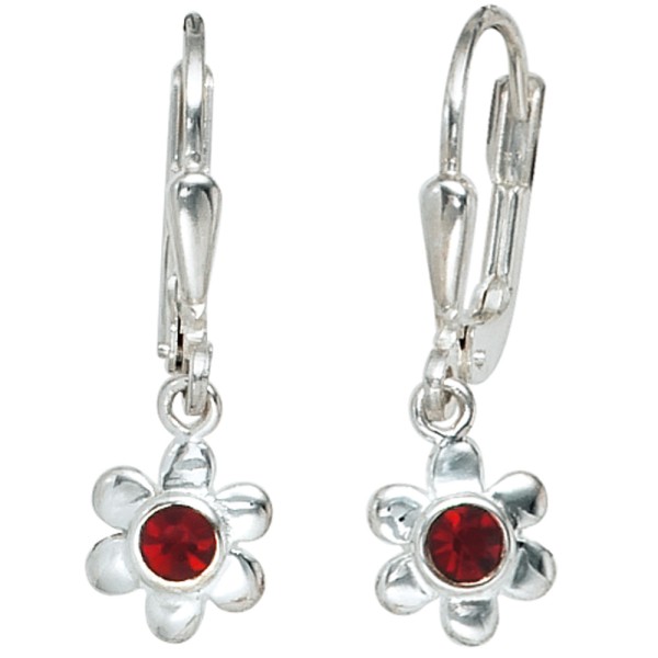 Kinder Ohrhänger, Mädchen Boutons Blume 925er Silber, 2 rote Glassteine, Gewicht ca. 1,3 Gramm