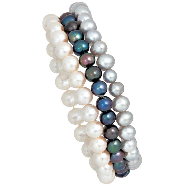 Stretch Perlenarmbänder 3er Set, Süßwasser Perlen weiß, grau, dunkel, Gewicht ca. 35,3 Gramm