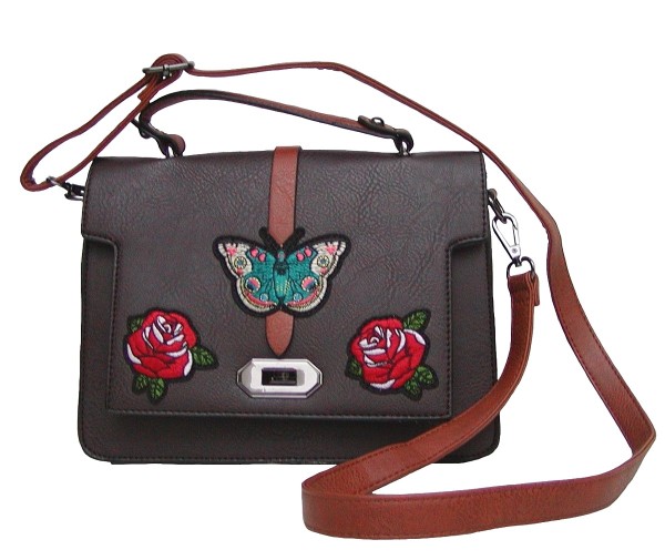Angel kiss FLOWER kleine freche Handtasche mit Schmetterling braun/cognac, Fashion Strap INKA Design, 25x19x10 cm
