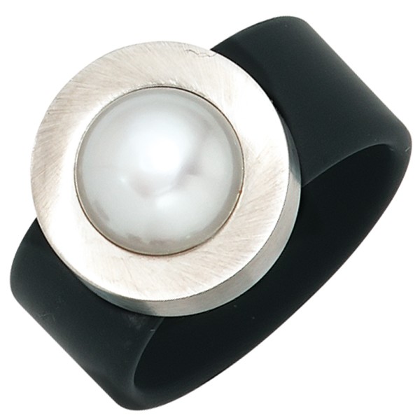 Damen Edelstahl Ring, Perlenring, schwarzes PVC + Edelstahl mattiert, 1 Süßwasser Perle