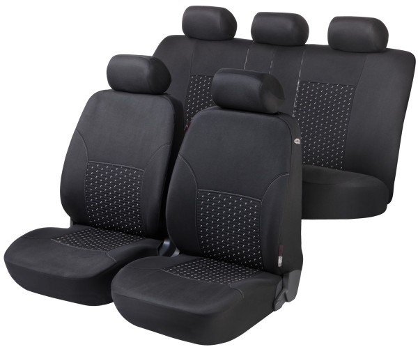 Komplett Set DotSpot komfortable Universal Polyester KFZ Schonbezüge, Bezug 8-tlg. schwarz waschbar, Rücksitzbankbezug 6-tlg