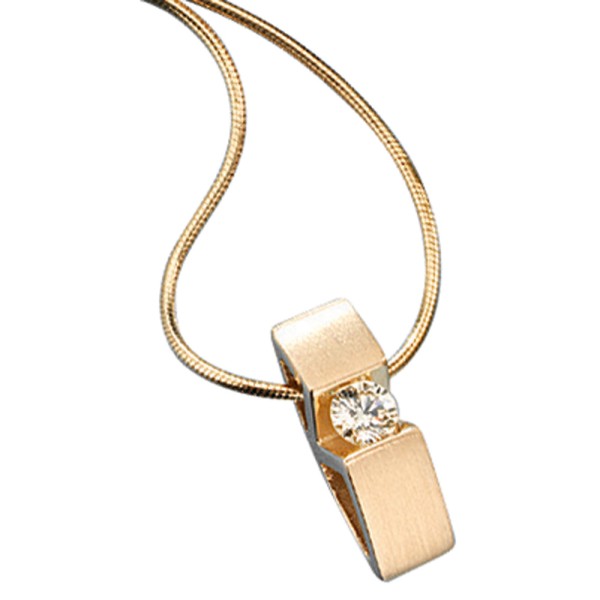 Gold Halskette, Collierkette 42 cm mit Solitär Diamant Anhänger, 585er Gold, 4,9 Gramm
