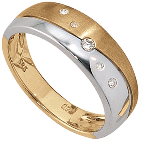 Diamantring, Damen Ring 585er Gelbgold Weißgold bicolor, 5 Brillanten, Gewicht ca. 3,6 Gramm