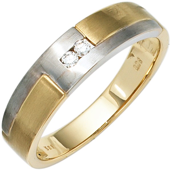 Goldring Herren Ring 585er Gold bicolor Gelbgold Weißgold mattiert, 2 Diamanten, Gewicht ca. 4,8 Gramm