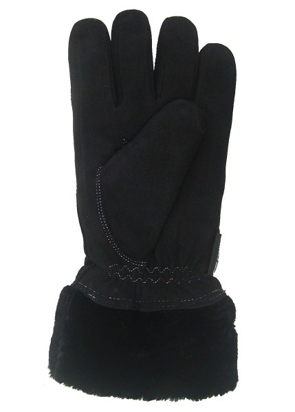 superdicke Damen Rindleder Finger Fellhandschuhe schwarz, weiße Kontrastnähte, 5,5 cm Fellrand