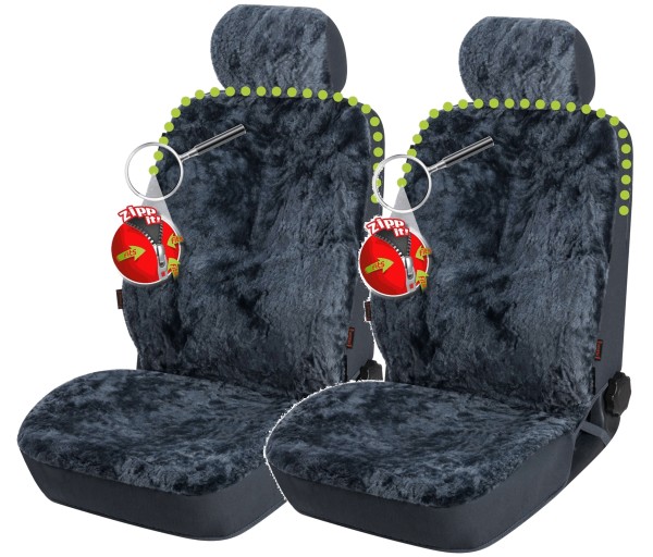 2 Stück Universal Reißverschluss Autositzfelle + Kopfstützenbezüge anthrazit, ZIPP IT System, echtes Lammfell, Sommer + Winter