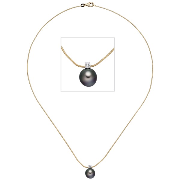 Diamant Perlen Halskette, Collierkette 42 cm+Anhänger 585er Gold, Tahiti Perle+Brilllant, 3,9 Gramm