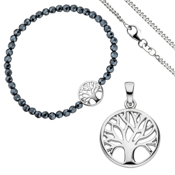 Silber Schmuckset 3-teilig Baum, Lebensbaum, Weltenbaum 925er Silber, Armband+Anhänger+Kette 42 cm