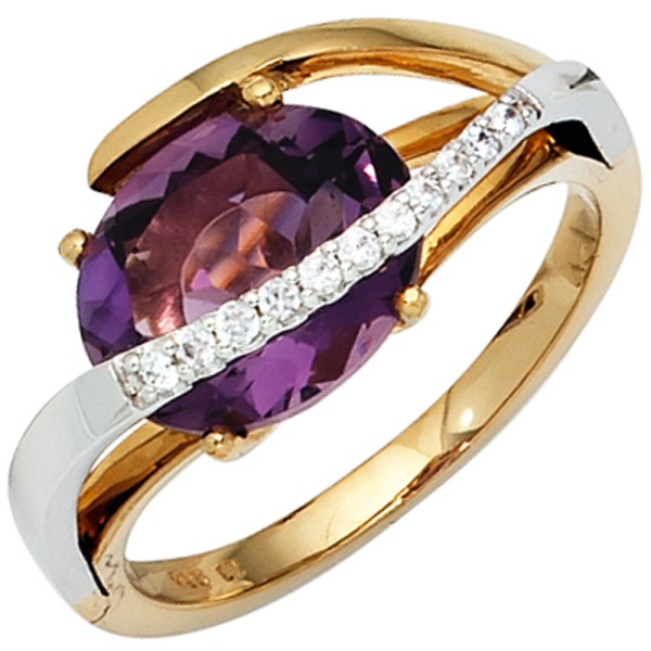 Amethystring, Diamantring, Brillantring 585er Gold bicolor, Diamant+Amethyst, Gewicht ca. 4,3 Gramm