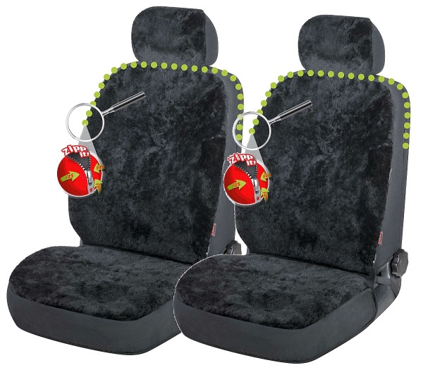 2 Stück Universal Reißverschluss Autositzfelle + Kopfstützenbezüge schwarz, ZIPP IT System, echtes Lammfell, Sommer + Winter