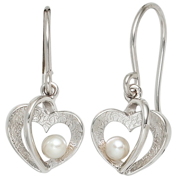 Silber Perlen Ohrringe, Ohrhänger Herz 925er Silber, 2 Süßwasser Perlen, Gewicht ca. 2,7 Gramm