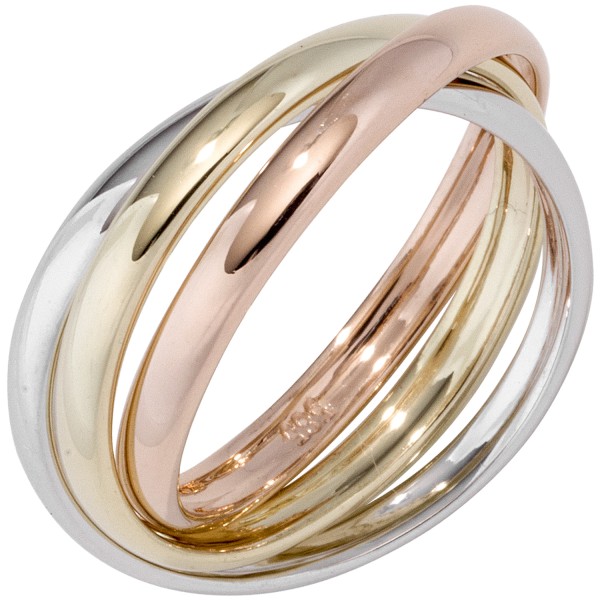 Goldring tricolor, Ring ohne Stein, 3-reihig 585er Gold dreifarbig, Trinity Ring, Gewicht ca. 5,5 Gramm