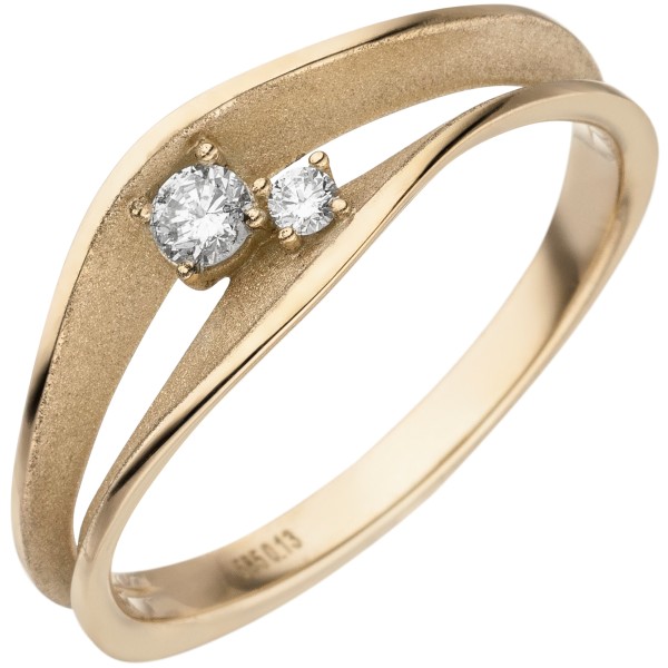 Goldring, Gold Diamantring, Gold Brillantring 585er Gold teilmattiert, 2 Diamanten, ca. 2,8 Gramm