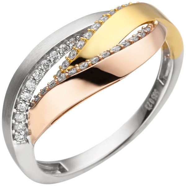 Solitär Diamantring, Goldring 585er Weißgold Rotgold Tricolor, 36 Diamanten, ca. 3,2 Gramm