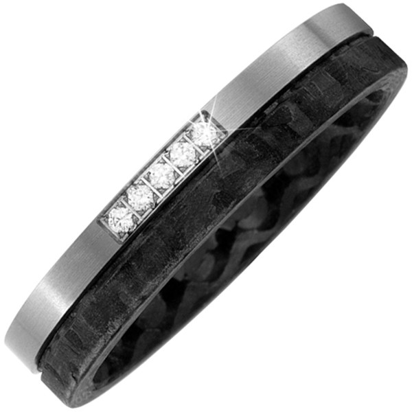 Titanring, Carbonring, Partner Ring bicolor Carbon mit Titan, 5 Diamanten Brillanten