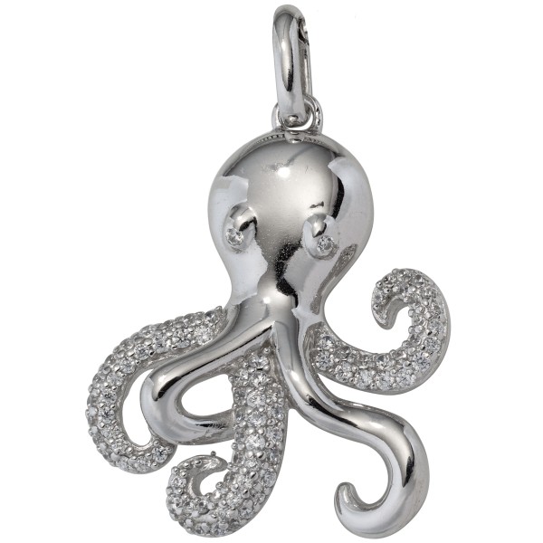 Silber Anhänger Krake, Octopus 925er Silber rhodiniert mit Zirkonias, 28 mm hoch, 4,8 Gramm