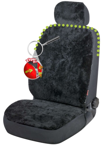 kuschelige Universal Reißverschluss Autositzfelle + Kopfstützenbezug schwarz, ZIPP IT System, echtes Lammfell, Sommer + Winter
