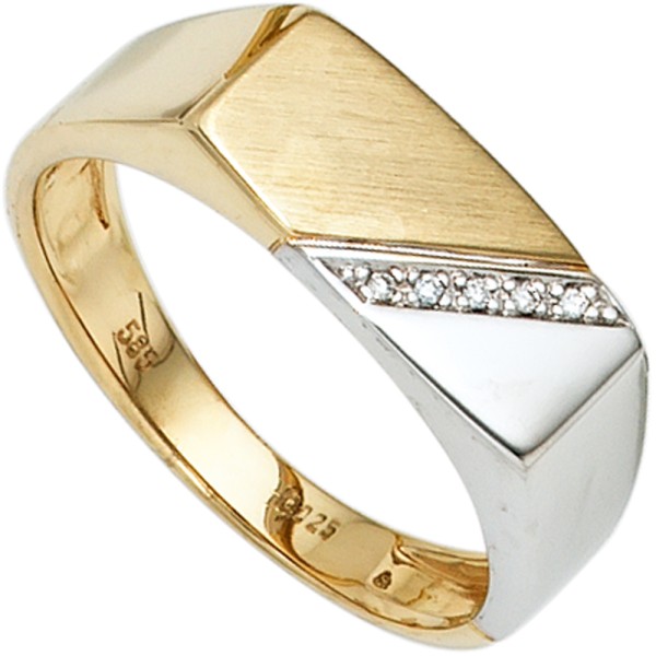 Gold Herren Ring 585er Gold bicolor Gelbgold Weißgold, 5 Diamanten, Gewicht ca. 5 Gramm