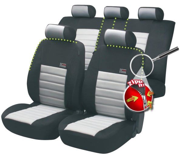 Komplett Set ZIPP IT Universal PES Jersey Auto Sitzbezüge grau 8-teilig, 30 Grad waschbar, Rücksitzbankbezug 5-teilig