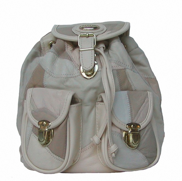 Bellini kleiner Damen Rucksack beige, Leder im Patchwork-Style, 1 Hauptfach, 2 aufgesetzte Taschen, 26x22x14 cm