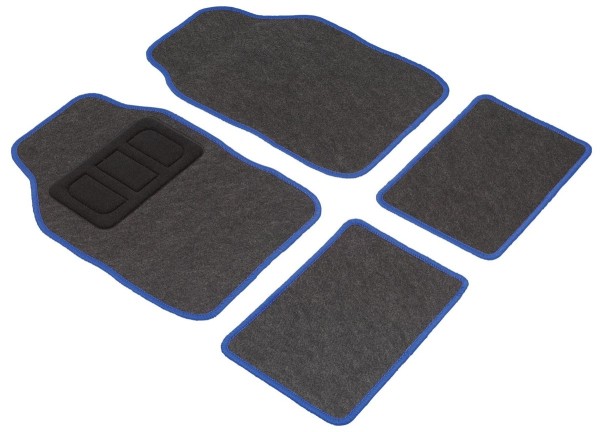 Komplett Set Universal Polyester Auto Fußraum Matten schwarz blau 4-teilig, rutschfest beschichtet, alle PKW