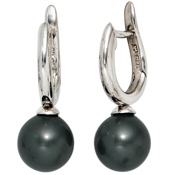 Silber Creolen, Perlen Ohrringe 925er Silber, 2 dunkle synthetische Perlen, Gewicht ca. 3,7 Gramm