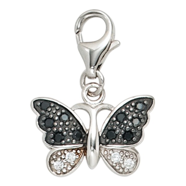 Charm Schmetterling 925er Sterling Silber rhodiniert, schwarz weiße Zirkonia, Breite ca. 15 mm, Gewicht ca. 1,6 Gramm