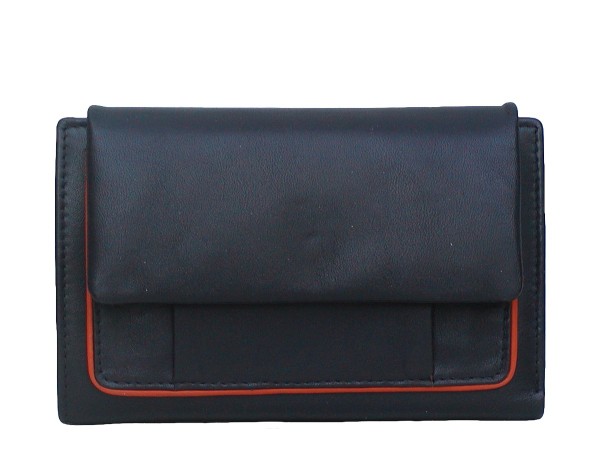 Leder Damenbörse schwarz/orange, 13xCC, 5 x Ausweis, exclusives Kalbnappa, ca. 13x10,5 cm