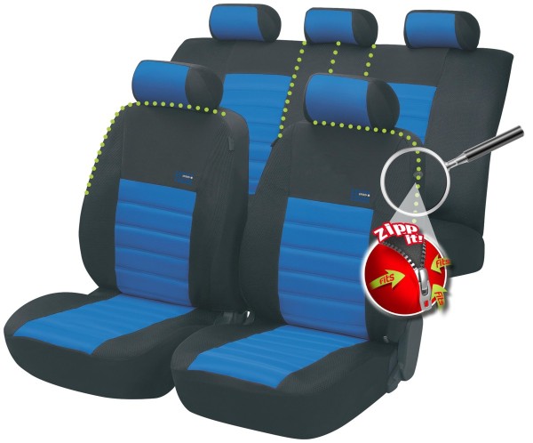 Komplett Set ZIPP IT Universal PES Jersey Auto Sitzbezüge blau 8-teilig, 30 Grad waschbar, Rücksitzbankbezug 5-teilig