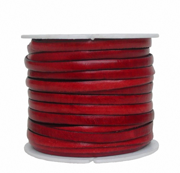 Ziegenleder Lederriemen, Lederband flach rot, Kanten schwarz gefärbt, Länge 25 m, Breite ca. 5 mm, Stärke ca. 1,0 mm