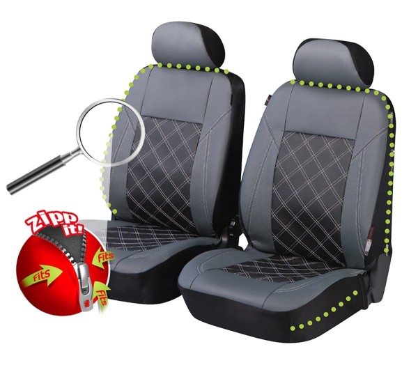 2 Stück Universal ZIPP IT Auto Sitzbezüge grau aus Kunstleder für Vordersitze, mit Reissverschluss System