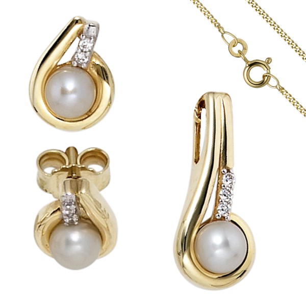 Damen Gold Perlen Schmuckset 3-teilig, 333er Gold Perlen+Zirkonias mit Kette 45 cm
