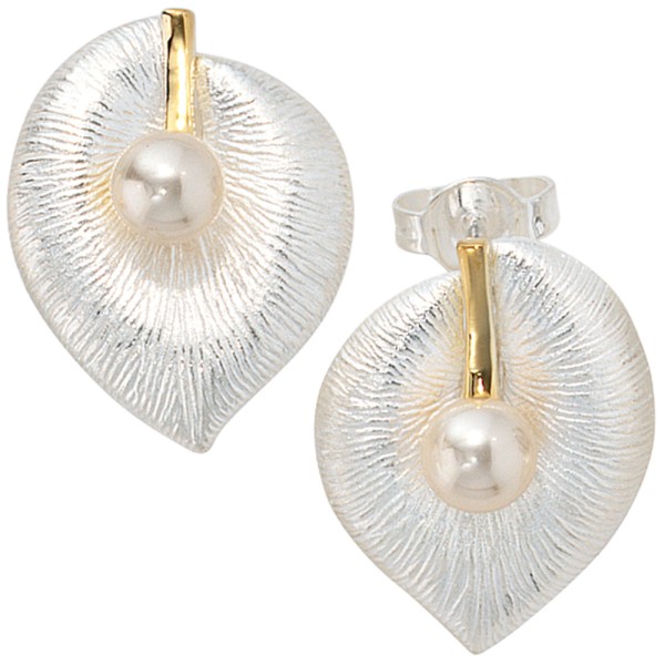 Perlen Ohrstecker, Ohrringe 925er Silber teilvergoldet, 2 Süßwasser Perlen, Gewicht ca. 5,6 Gramm