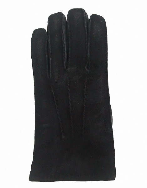 Herren Lammfell Fingerhandschuhe schwarz, Velourleder und Glattleder kombiniert