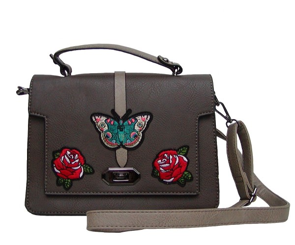 Angel kiss FLOWER kleine freche Handtasche mit Schmetterling braun/taupe, Fashion Strap INKA Design, 25x19x10 cm